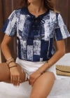 Kadın Kısa Kollu Yakası Bağcıklı Kuş Gözü Detay Parça Desenli Süprem Bluz