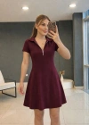 Kadın Kısa Kollu Yakası Fermuarlı Kısa Viskon Iki Iplik Elbise