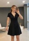 Kadın Kısa Kollu Yakası Fermuarlı Kısa Viskon Iki Iplik Elbise