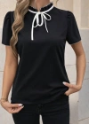 Kadın Kısa Kollu Yakası Fırfırlı Bağcıklı Janjan Krep Bluz