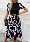 Kadın Kısa Kollu Yarı Balıkçı Yaka üst Viskon Alt Desenli Dokuma Midi Elbise