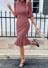 Kadın Kısa Kollu Yarı Balıkçı Yakalı Etek Ucu Fırfırlı Midi Ithal Krep Elbise