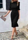 Kadın Kısa Kollu Yarı Balıkçı Yakalı Etek Ucu Fırfırlı Midi Ithal Krep Elbise