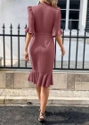 Kadın Kısa Kollu Yarı Balıkçı Yakalı Etek Ucu Fırfırlı Midi Ithal Krep Elbise