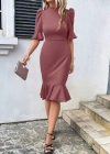Kadın Kısa Kollu Yarı Balıkçı Yakalı Etek Ucu Fırfırlı Midi Ithal Krep Elbise