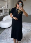 Kadın Kısa Kollu Yırtmaç Detaylı Salaş Viskon Elbise