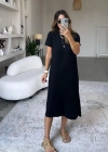 Kadın Kısa Kollu Yırtmaç Detaylı Salaş Viskon Elbise