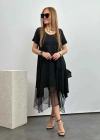 Kadın Kısa Kollu Yuvarlak Tüllü Asimetrik Detaylı Viskon Elbise