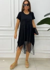 Kadın Kısa Kollu Yuvarlak Tüllü Asimetrik Detaylı Viskon Elbise
