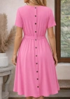 Kadın Kısa Kollu Yuvarlak Yaka Arkadan Düğmeli Viskon Midi Elbise