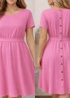 Kadın Kısa Kollu Yuvarlak Yaka Arkadan Düğmeli Viskon Midi Elbise
