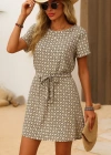 Kadın Kısa Kollu Yuvarlak Yaka Beli Kuşaklı Geometrik Desenli Süprem Elbise