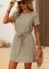 Kadın Kısa Kollu Yuvarlak Yaka Beli Kuşaklı Geometrik Desenli Süprem Elbise