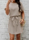 Kadın Kısa Kollu Yuvarlak Yaka Beli Kuşaklı Geometrik Desenli Süprem Elbise