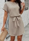 Kadın Kısa Kollu Yuvarlak Yaka Beli Kuşaklı Geometrik Desenli Süprem Elbise