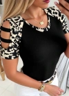 Kadın Kısa Kollu Yuvarlak Yaka Kollarda şerit Detaylı Leoparlı Viskon Bluz