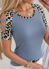 Kadın Kısa Kollu Yuvarlak Yaka Kollarda şerit Detaylı Leoparlı Viskon Bluz