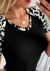 Kadın Kısa Kollu Yuvarlak Yaka Kollarda şerit Detaylı Leoparlı Viskon Bluz