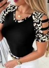 Kadın Kısa Kollu Yuvarlak Yaka Kollarda şerit Detaylı Leoparlı Viskon Bluz