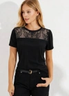 Kadın Kısa Kollu Yuvarlak Yaka ön Dantel Detaylı Viskon Bluz