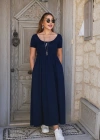 Kadın Kısa Kollu Yuvarlak Yaka önden Yırtmaçlı Cepli Viskon Uzun Elbise