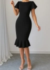 Kadın Kısa Kollu Yuvarlak Yaka Pileli Janjan Krep Elbise