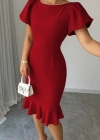 Kadın Kısa Kollu Yuvarlak Yaka Pileli Janjan Krep Elbise