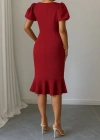 Kadın Kısa Kollu Yuvarlak Yaka Pileli Janjan Krep Elbise