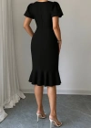Kadın Kısa Kollu Yuvarlak Yaka Pileli Janjan Krep Elbise