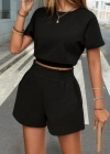 Kadın Kısa Kollu Yuvarlak Yakalı Ithal Keten Bluz Ve Short Ikili Takım