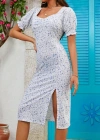 Kadın Kısa Kolluyakası Büzgü Detay Kolu astikli çiçek Baskı Elbise
