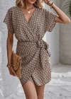 Kadın Kısa Yarasa Kollu önden Kruvaze Yaka Detaylı önden Bağlamalı Desenli Süprem Elbise