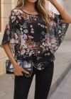 Kadın Kısa Yarasa Kollu Yuvarlak Yaka çiçek Baskılı Asimetrik Kesim özel Tasarım şifon Bluz