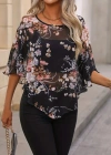 Kadın Kısa Yarasa Kollu Yuvarlak Yaka çiçek Baskılı Asimetrik Kesim özel Tasarım şifon Bluz