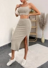 Kadın Kolsuz Askılı Crop Yırtmaçlı Midi Etek Fitilli Kaşkorse Takım