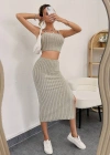 Kadın Kolsuz Askılı Crop Yırtmaçlı Midi Etek Fitilli Kaşkorse Takım