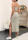 Kadın Kolsuz Askılı Crop Yırtmaçlı Midi Etek Fitilli Kaşkorse Takım