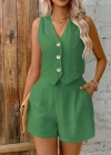 Kadın Kolsuz Askılı V Yakalı önden Düğmeli Ithal Keten Ceket Ve Short Ikili Takım