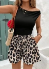 Kadın Kolsuz Bisiklet Yaka Viskon Bluz Ve Leopar Desenli Kısa Modal Short Ikili Takım