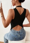 Kadın Kolsuz Sırt çapraz Detay Triko Bluz