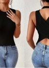 Kadın Kolsuz Sırt çapraz Detay Triko Bluz