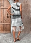 Kadın Kolsuz V Yaka Eteği Püsküllü çizgi Desen Elbise