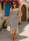 Kadın Kolsuz V Yaka Eteği Püsküllü çizgi Desen Triko Elbise