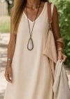 Kadın Kolsuz V Yakalı Maksi Boy Ithal Keten Elbise