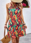 Kadın Kolsuz Yuvarlak Yaka önden çapraz şerit Detay çok Renkli Baskılı Süprem Kısa Elbise