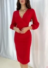 Kadın Kruvaze Yaka Balon Kol Midi Boy Elbise