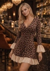 Kadın Kruvaze Yaka Dantel Volan Detay eopar Baskılı ini Elbise