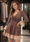 Kadın Kruvaze Yaka Dantel Volan Detay eopar Baskılı ini Elbise