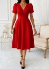Kadın Kruvaze Yaka Kısa Kollu Midi Boy Krep Kumaş Elbise