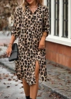 Kadın Leopar Desenli Cep Detay Kolu Manşetli Moskrep Gömlek Elbise